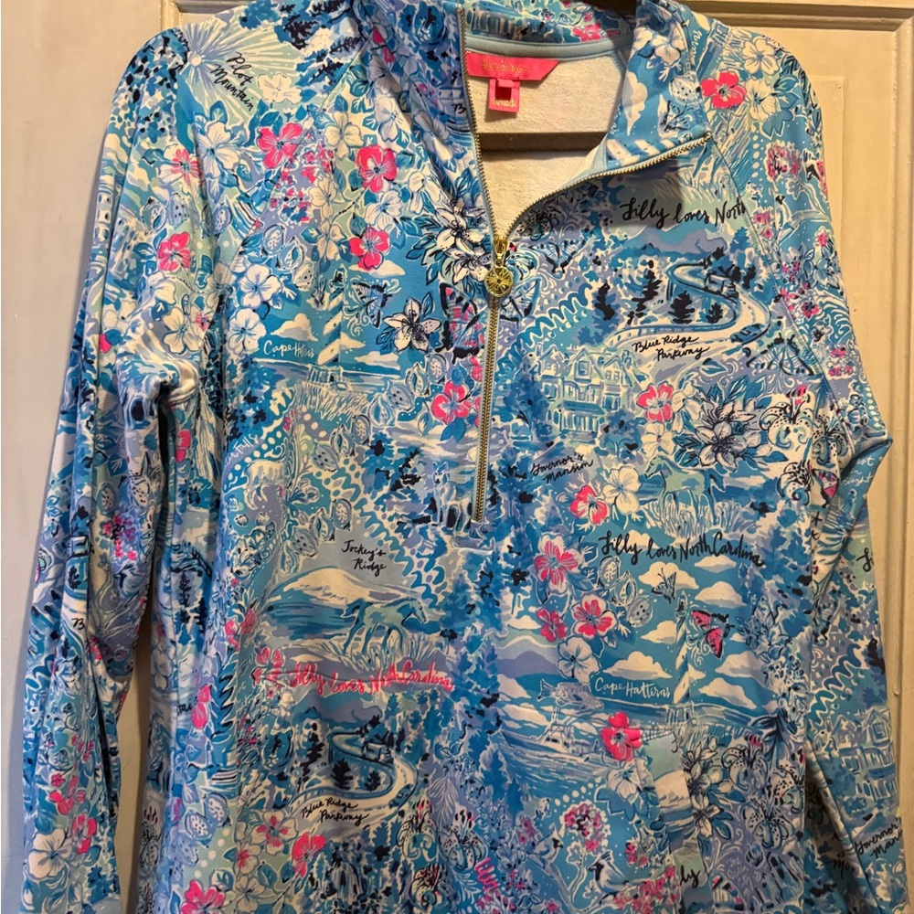 Floral Blue and Pink Quarter-Zip Pullover